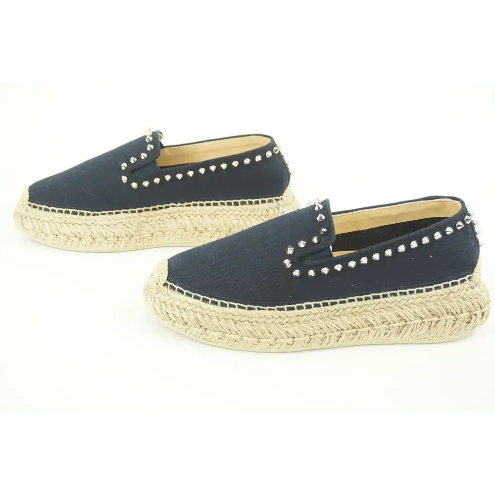Christian Louboutin Espaboat Navy Canvas Spiked Espadrille Flat SZ 37 NIB